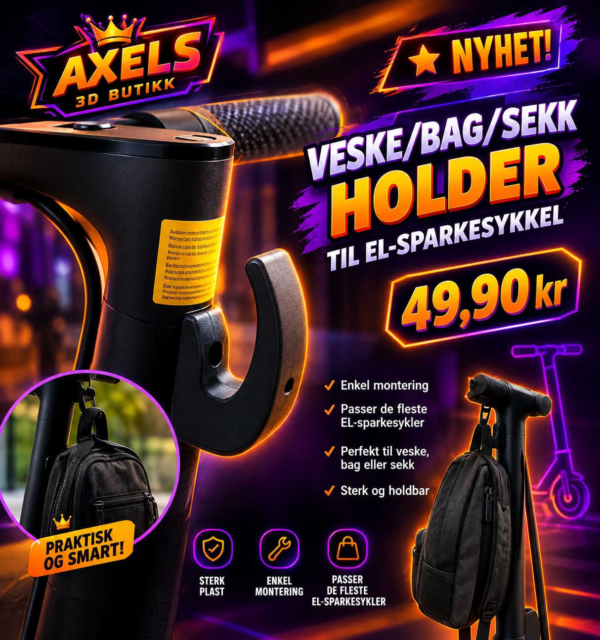 Veske/Bag/Sekk-holder til EL-sparkesykkel